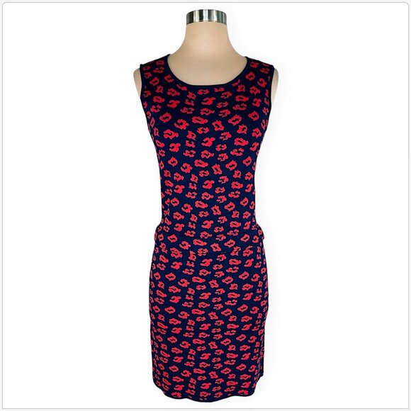 Pink Tartan Navy Blue Red Vibrant Stretch Knit Leopard Print Sweater Dress S - Picture 1 of 4
